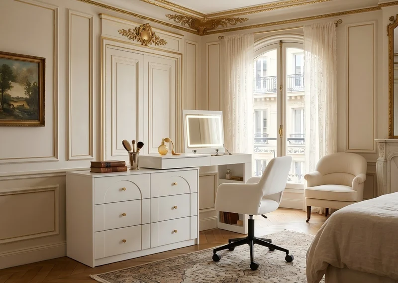 Ensemble de coiffeuse blanc mirror LED et chaise blanche mobile CARROIL ROSS