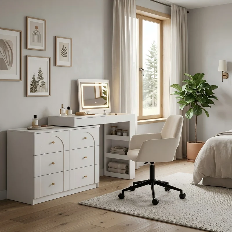 Ensemble de coiffeuse blanc mirror LED et chaise blanche mobile CARROIL ROSS