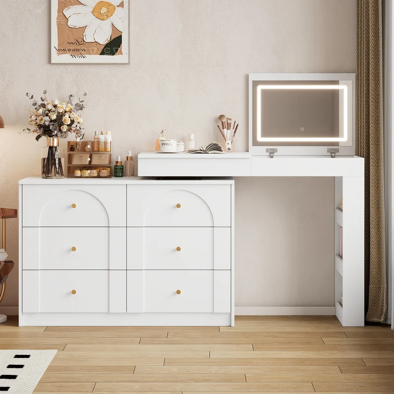 Ensemble de coiffeuse blanc mirror LED et chaise blanche mobile CARROIL ROSS