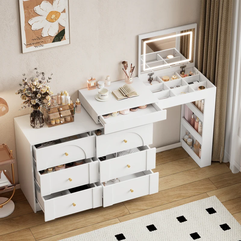 Ensemble de coiffeuse blanc mirror LED et chaise blanche mobile CARROIL ROSS
