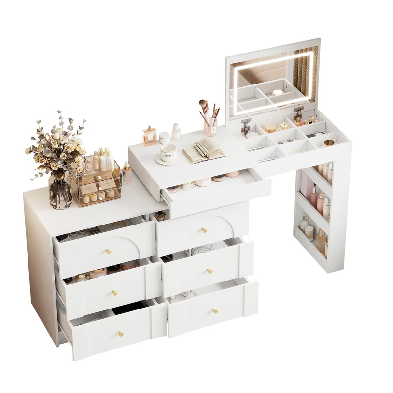 Ensemble de coiffeuse blanc mirror LED et chaise blanche mobile CARROIL ROSS