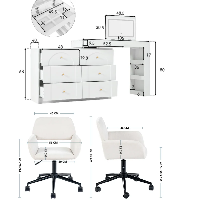 Ensemble de coiffeuse blanc mirror LED et chaise blanche mobile CARROIL ROSS
