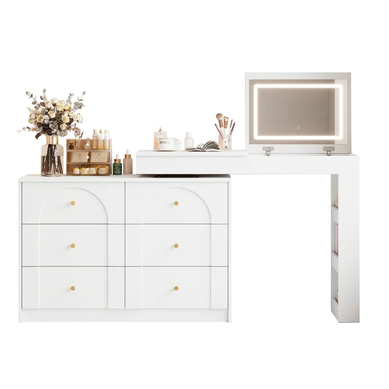 Ensemble de coiffeuse blanc mirror LED et chaise blanche mobile CARROIL ROSS