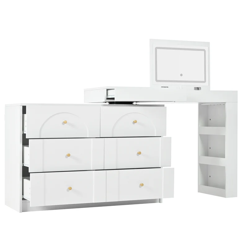 Ensemble de coiffeuse blanc mirror LED et chaise blanche mobile CARROIL ROSS