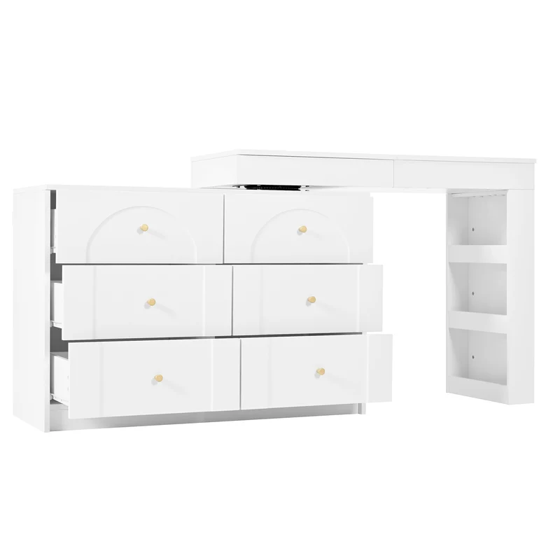 Ensemble de coiffeuse blanc mirror LED et chaise blanche mobile CARROIL ROSS