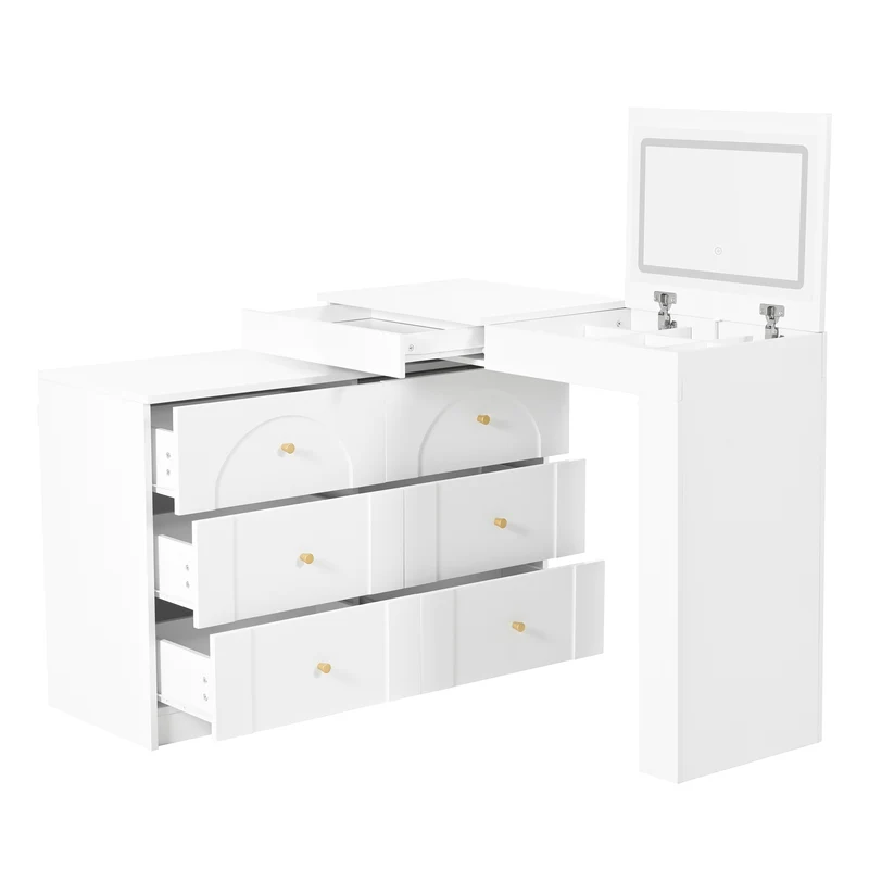 Ensemble de coiffeuse blanc mirror LED et chaise blanche mobile CARROIL ROSS