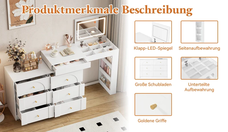 Ensemble de coiffeuse blanc mirror LED et chaise blanche mobile CARROIL ROSS