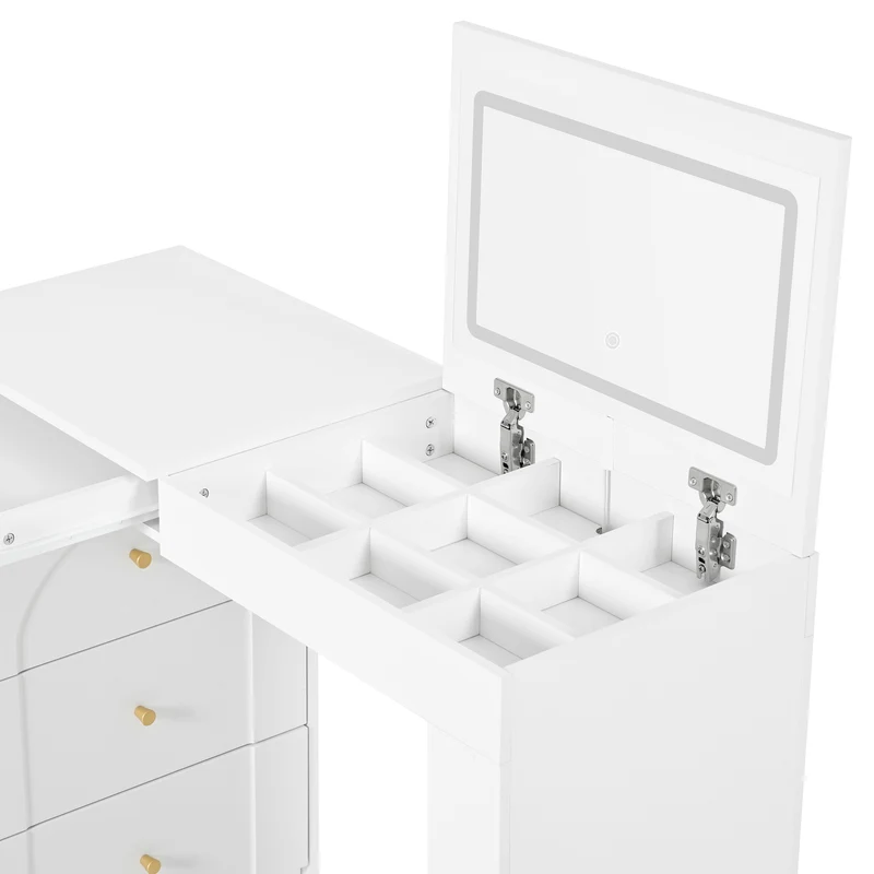 Ensemble de coiffeuse blanc mirror LED et chaise blanche mobile CARROIL ROSS