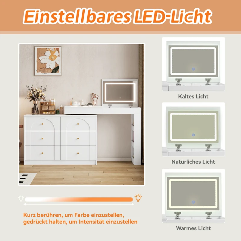 Ensemble de coiffeuse blanc mirror LED et chaise blanche mobile CARROIL ROSS