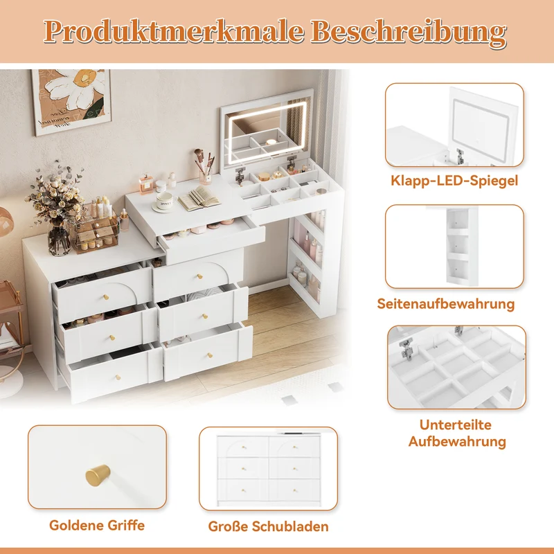 Ensemble de coiffeuse blanc mirror LED et chaise blanche mobile CARROIL ROSS