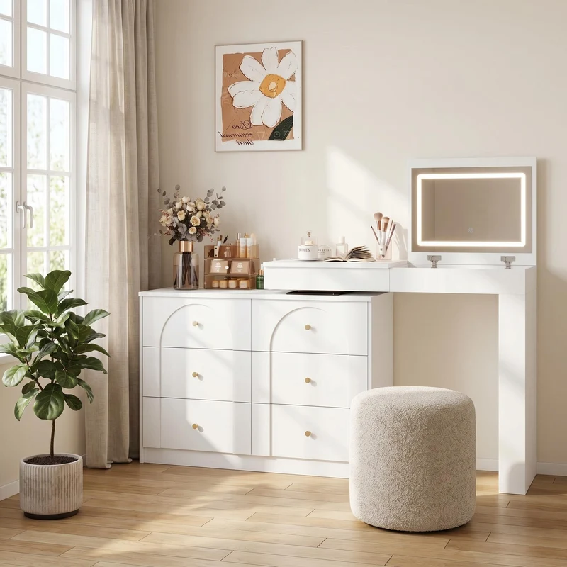 Ensemble de coiffeuse blanc mirror LED et chaise blanche mobile CARROIL ROSS
