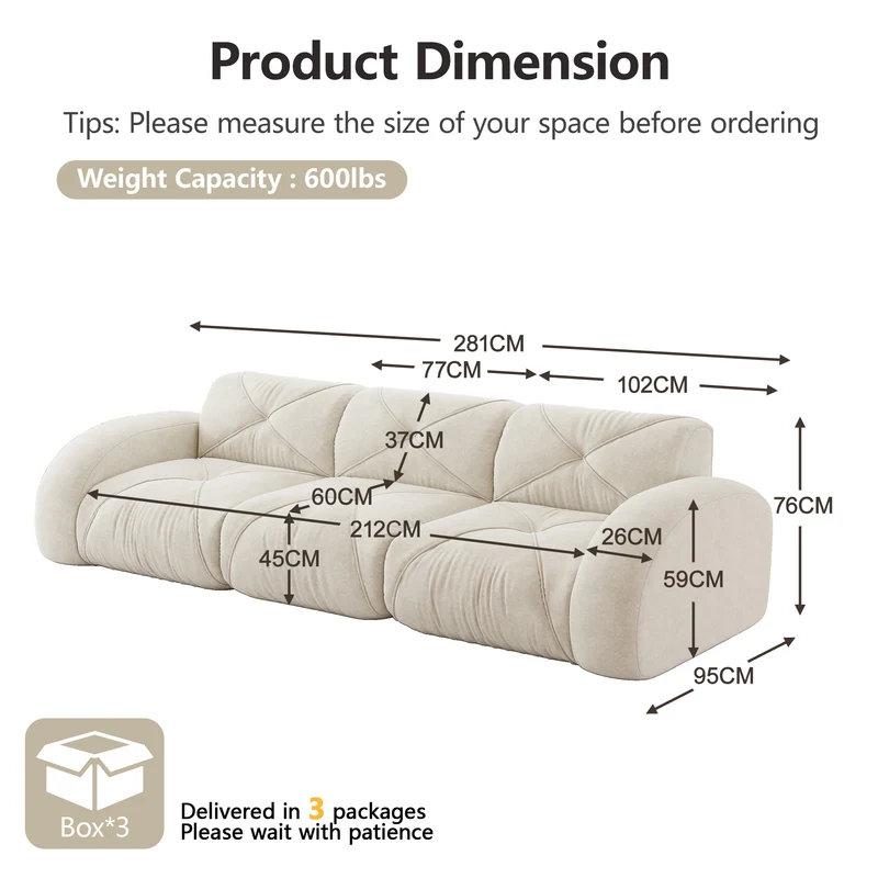 Canapé 3 places en chenille beige design articulé sans montage MOMENTUMMOMENN