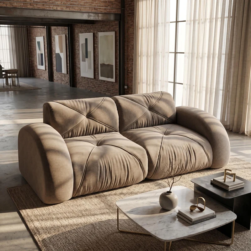 Canapé 2 places tissu chenille taupe design articulé sans montage MOMENTUMINFINIXX