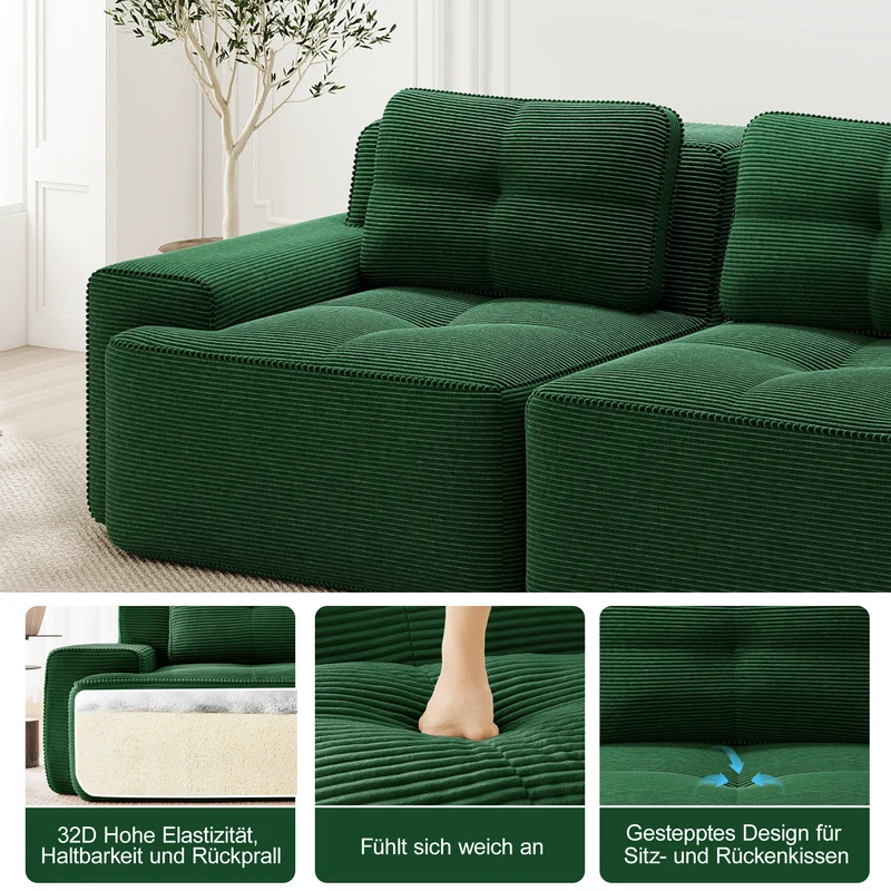 Canapé 3 places modulable en velours côtelé vert sans montage MOMENTUMRIFTZ