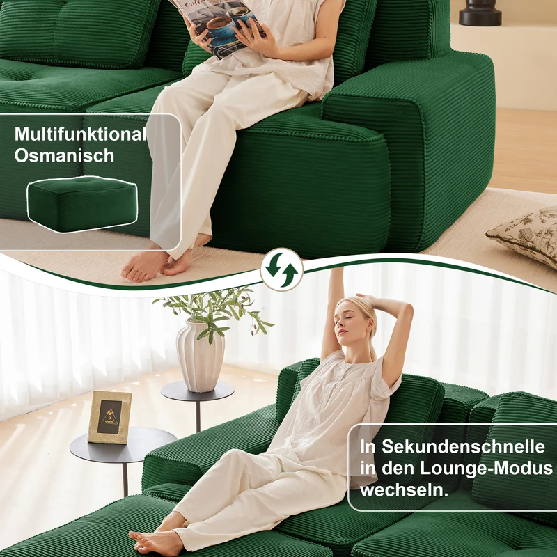 Canapé 3 places modulable en velours côtelé vert sans montage MOMENTUMRIFTZ