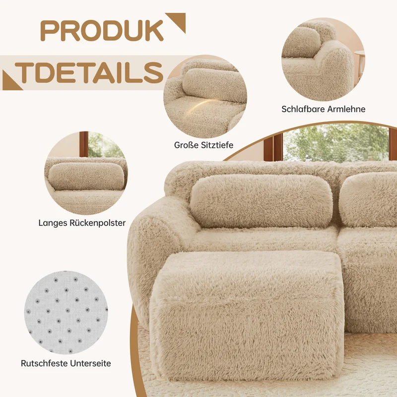 Canapé 3 places en tissu peluche premium beige avec coussins sans montage MOMENTUMCLARRR