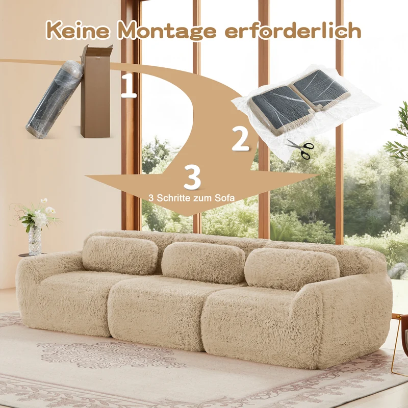 Canapé 3 places en tissu peluche premium beige avec coussins sans montage MOMENTUMCLARRR