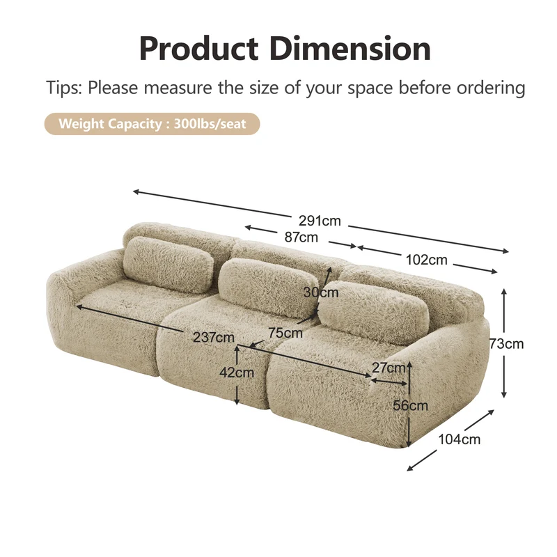 Canapé 3 places en tissu peluche premium beige avec coussins sans montage MOMENTUMCLARRR