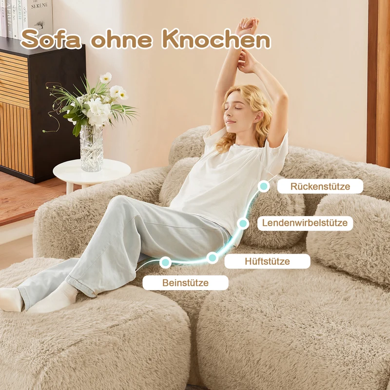 Canapé 3 places en tissu peluche premium beige avec coussins sans montage MOMENTUMCLARRR