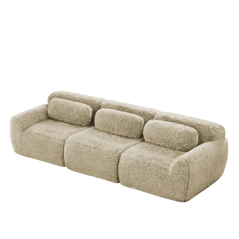 Canapé 3 places en tissu peluche premium beige avec coussins sans montage MOMENTUMCLARRR