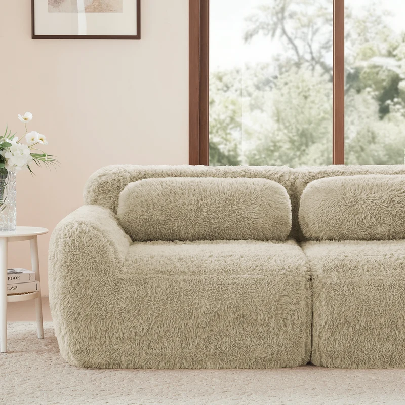 Canapé 3 places en tissu peluche premium beige avec coussins sans montage MOMENTUMCLARRR