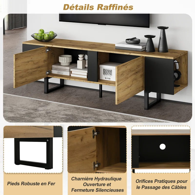 Meuble TV effet bois nature industriel 180x40x55 cm INFINITECASCDD