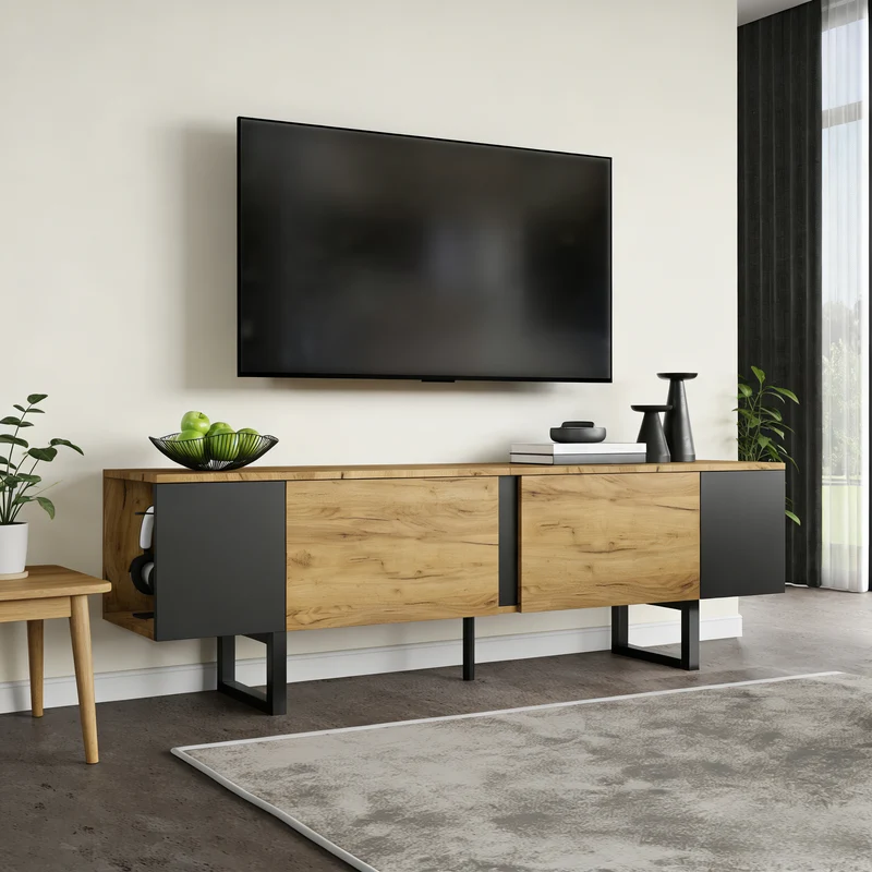 Meuble TV effet bois nature industriel 180x40x55 cm INFINITECASCDD