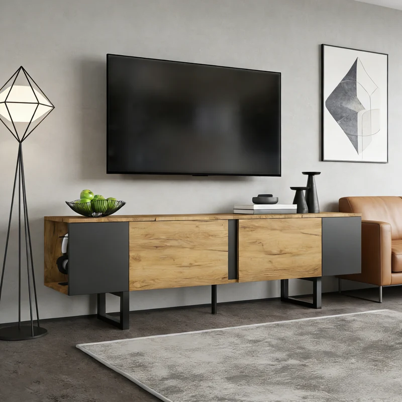 Meuble TV effet bois nature industriel 180x40x55 cm INFINITECASCDD