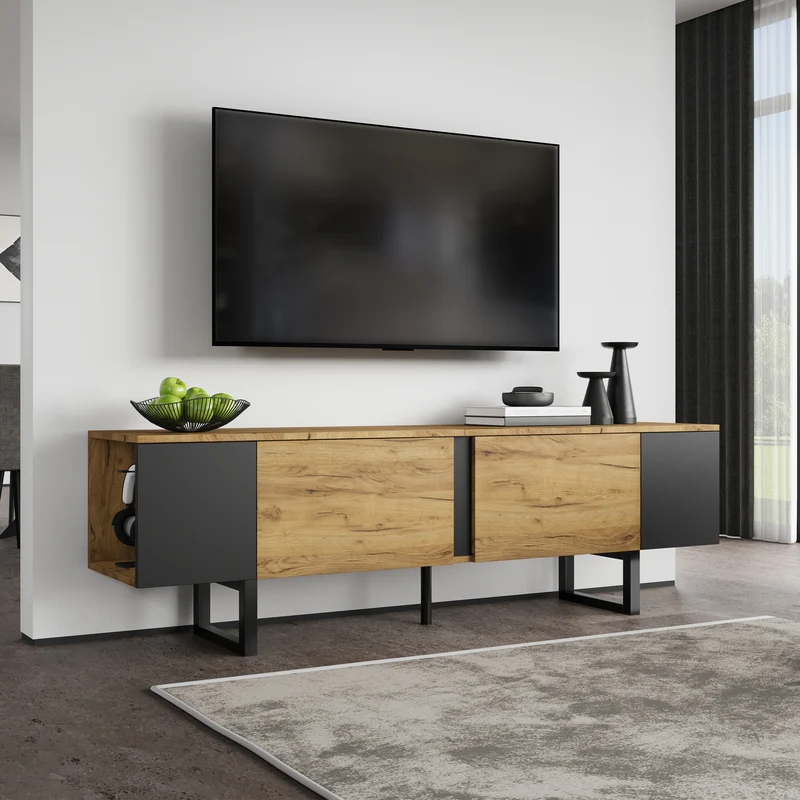 Meuble TV effet bois nature industriel 180x40x55 cm INFINITECASCDD