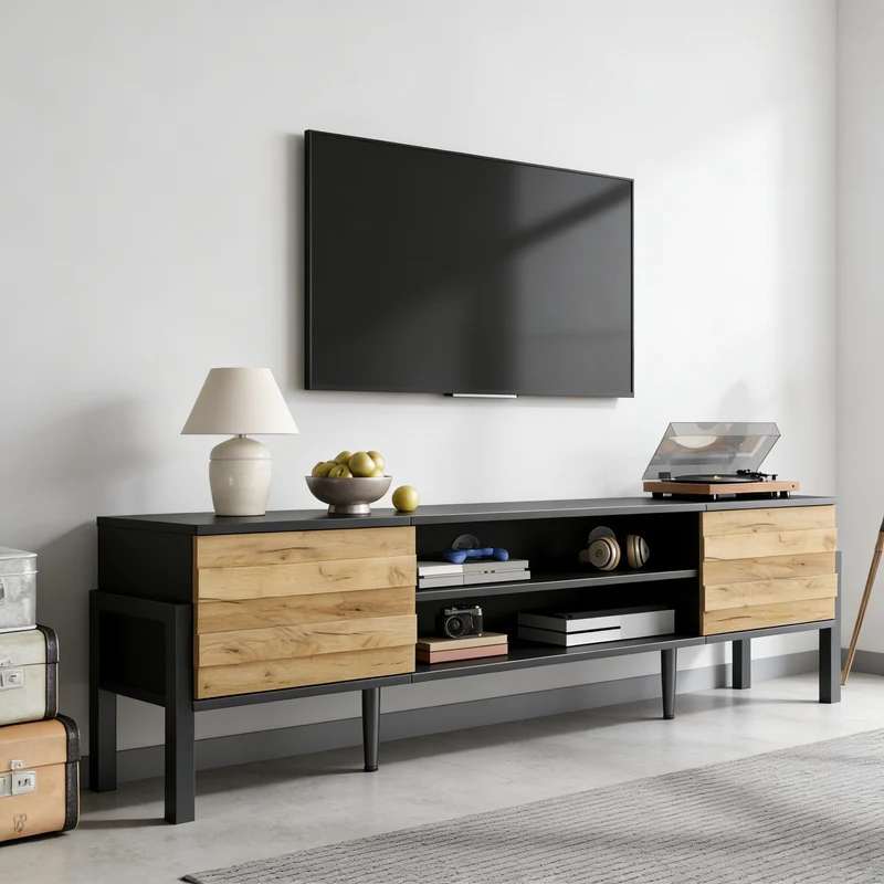 Meuble TV effet bois et noir 2 placards et étagères ouvertes INFINITEMOMENN