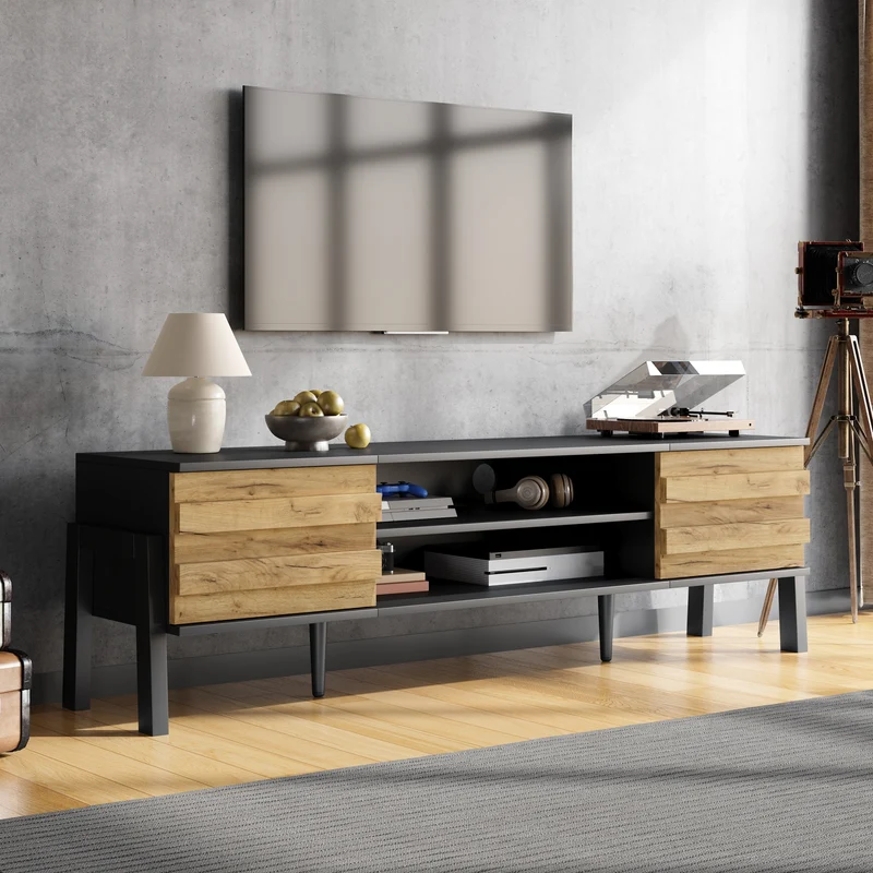 Meuble TV effet bois et noir 2 placards et étagères ouvertes INFINITEMOMENN