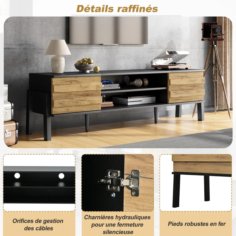 Meuble TV effet bois et noir 2 placards et étagères ouvertes INFINITEMOMENN