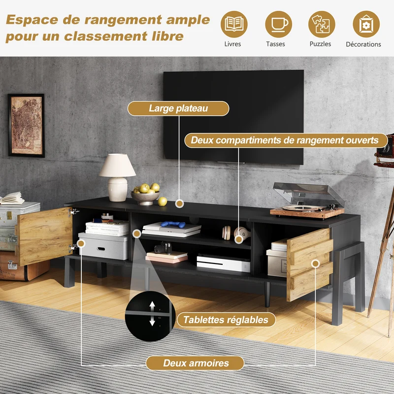 Meuble TV effet bois et noir 2 placards et étagères ouvertes INFINITEMOMENN