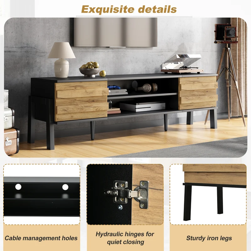Meuble TV effet bois et noir 2 placards et étagères ouvertes INFINITEMOMENN