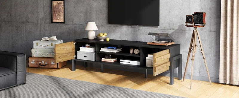 Meuble TV effet bois et noir 2 placards et étagères ouvertes INFINITEMOMENN