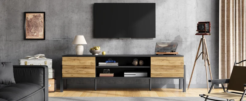 Meuble TV effet bois et noir 2 placards et étagères ouvertes INFINITEMOMENN