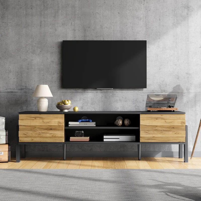 Meuble TV effet bois et noir 2 placards et étagères ouvertes INFINITEMOMENN