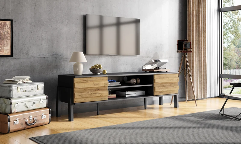 Meuble TV effet bois et noir 2 placards et étagères ouvertes INFINITEMOMENN