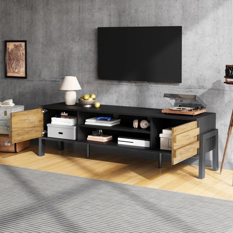 Meuble TV effet bois et noir 2 placards et étagères ouvertes INFINITEMOMENN