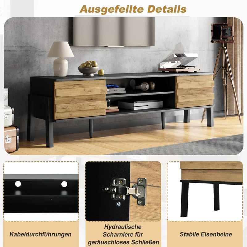 Meuble TV effet bois et noir 2 placards et étagères ouvertes INFINITEMOMENN