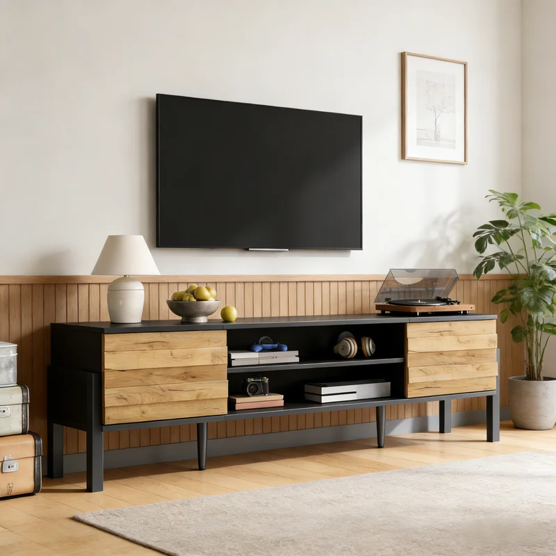 Meuble TV effet bois et noir 2 placards et étagères ouvertes INFINITEMOMENN