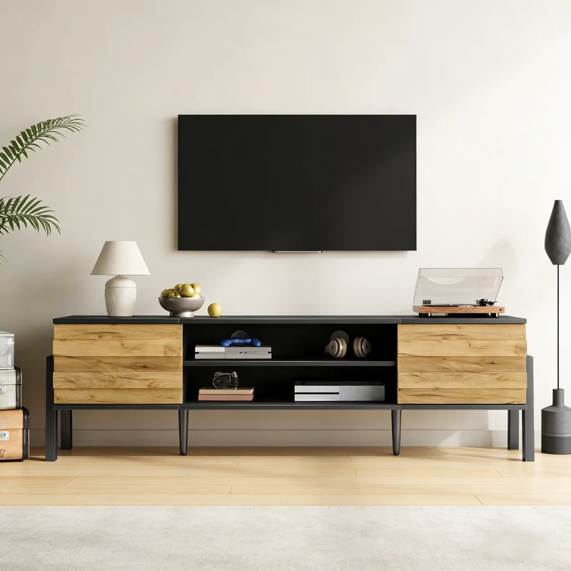 Meuble TV effet bois et noir 2 placards et étagères ouvertes INFINITEMOMENN