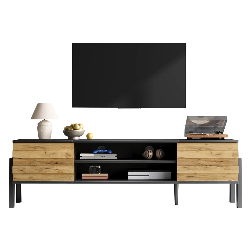 Meuble TV effet bois et noir 2 placards et étagères ouvertes INFINITEMOMENN