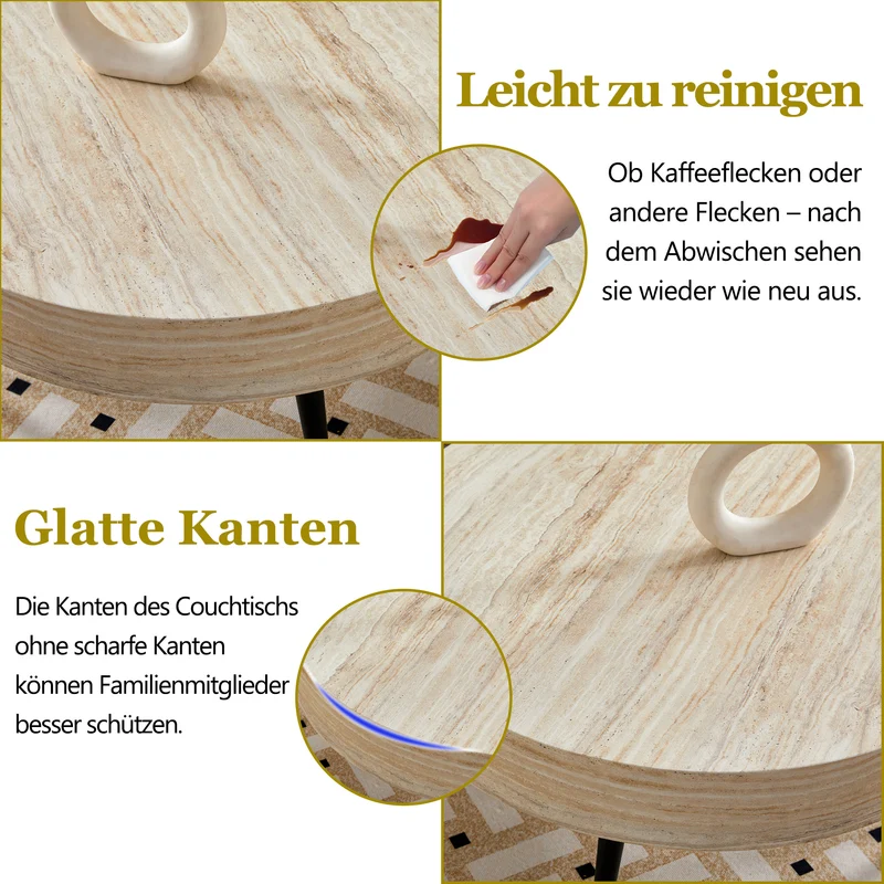 Table basse ronde effet travertin clair & pieds métal noir 70*70cm MERIDIANRIFTA