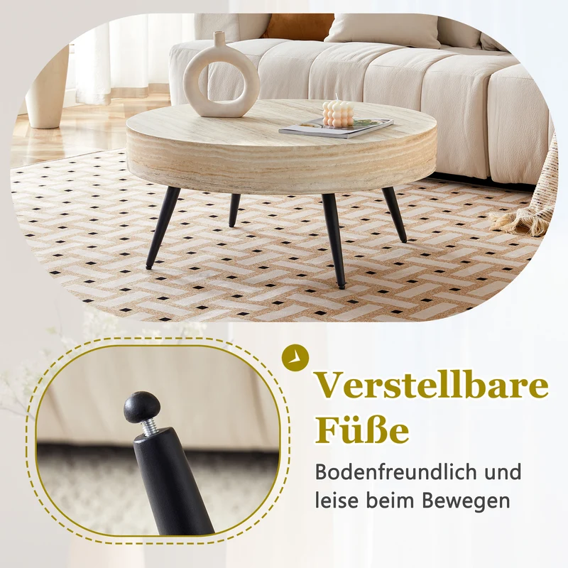 Table basse ronde effet travertin clair & pieds métal noir 70*70cm MERIDIANRIFTA