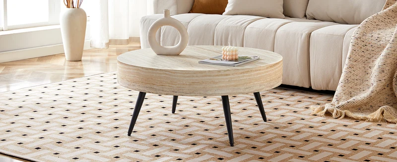 Table basse ronde effet travertin clair & pieds métal noir 70*70cm MERIDIANRIFTA