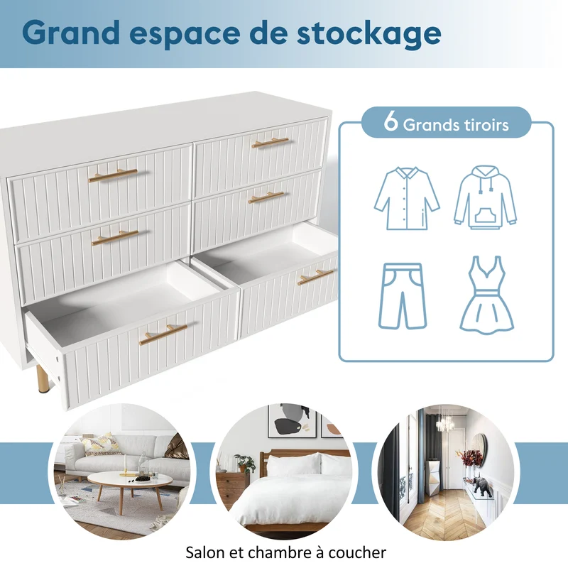 Buffet blanc design rayuré 6 tiroirs détails dorés 120x75x40 cm INFINITEQUASARX