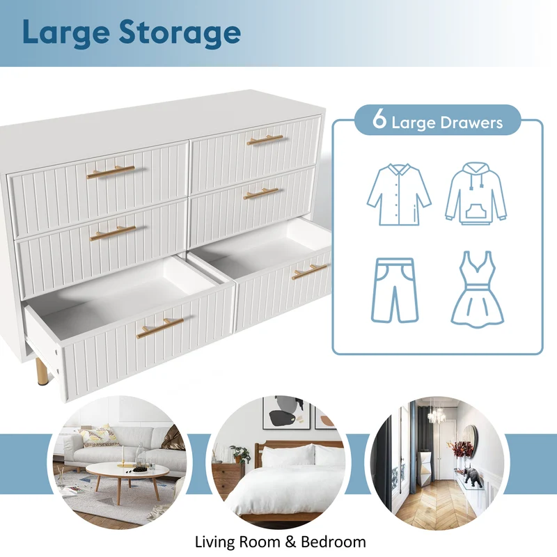 Buffet blanc design rayuré 6 tiroirs détails dorés 120x75x40 cm INFINITEQUASARX