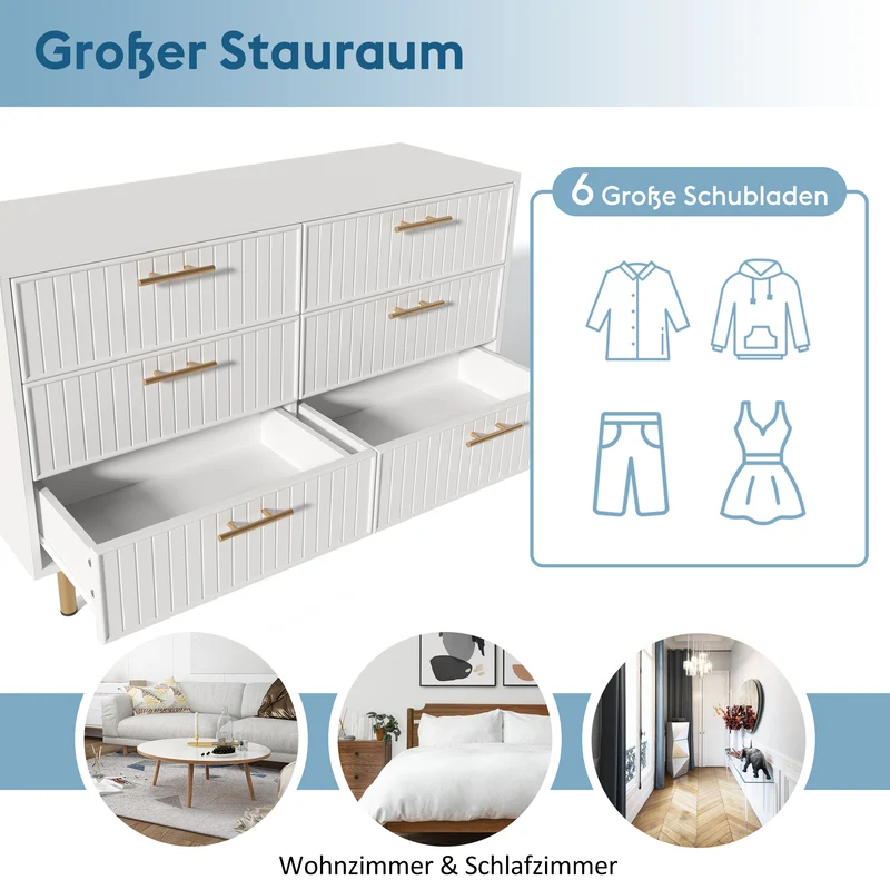 Buffet blanc design rayuré 6 tiroirs détails dorés 120x75x40 cm INFINITEQUASARX