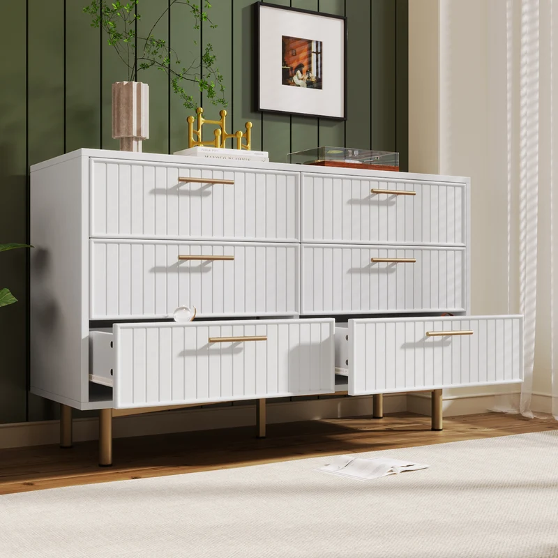 Buffet blanc design rayuré 6 tiroirs détails dorés 120x75x40 cm INFINITEQUASARX